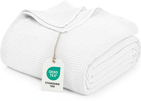 Utopia Bedding white waffle blanket side view on queen bed for cozy layering
