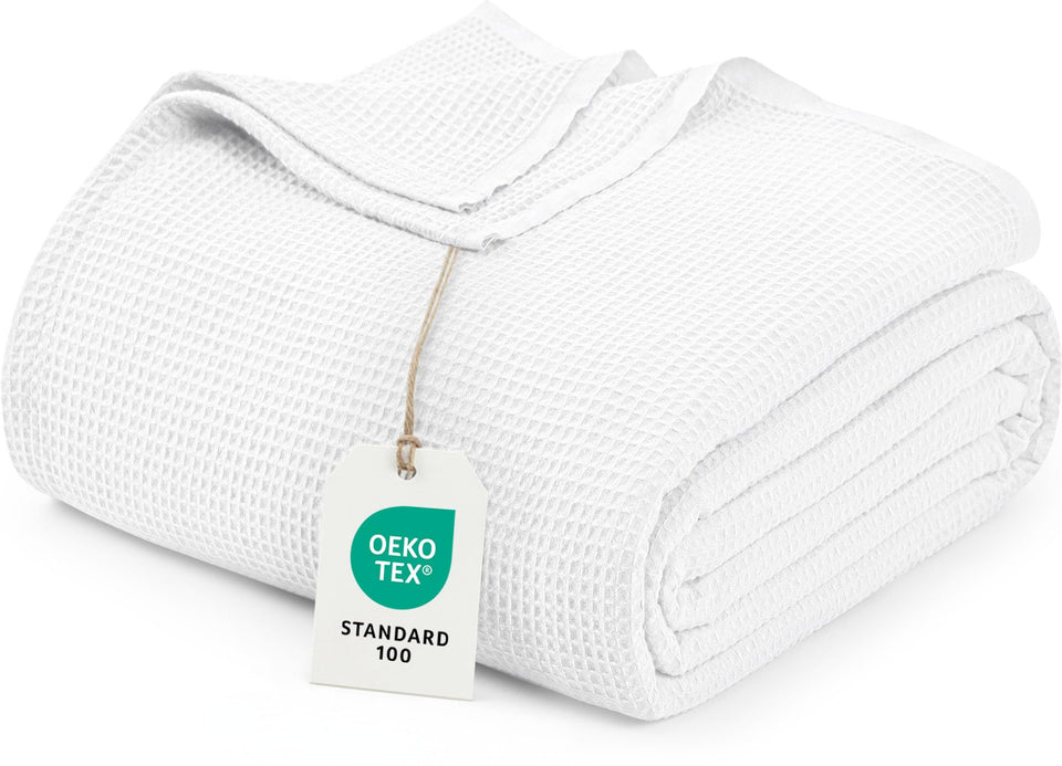 Utopia Bedding white waffle blanket side view on queen bed for cozy layering