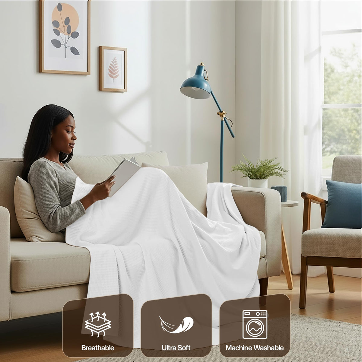 Utopia Bedding white waffle blanket draped on sofa for lounge warmth