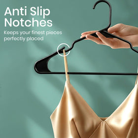 Utopia Home hangers with built-in strap hooks keep delicate straps secure.