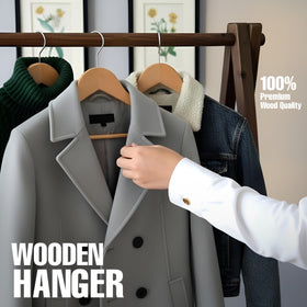 Utopia Home natural finish wooden hangers for a timeless closet look.