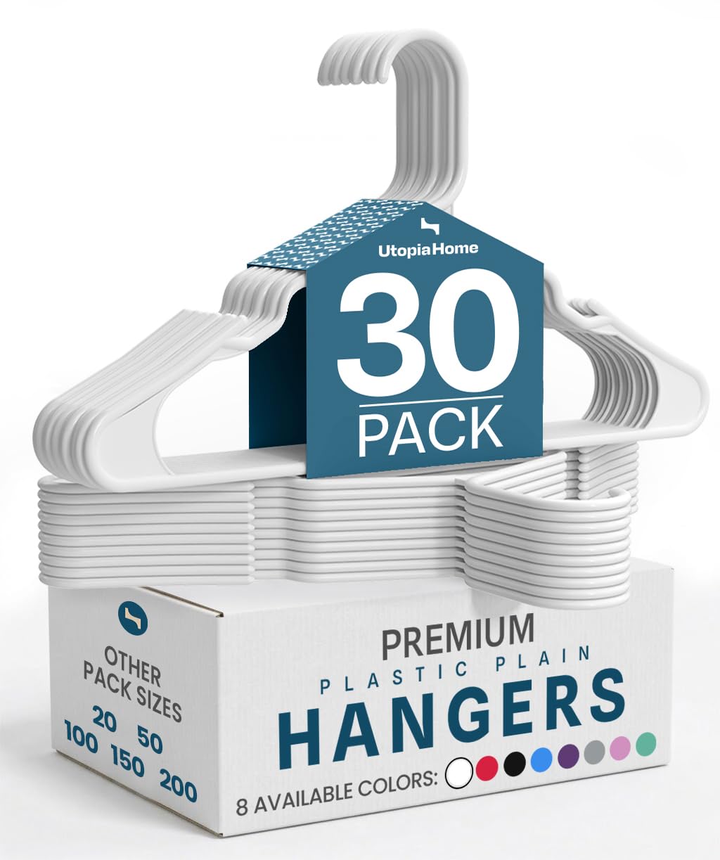 Utopia Home plastic hangers 30-pack front view, space-saving design for organized closets.