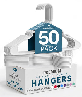 Utopia Home plastic hangers 50-pack, front view, slim profile for organized closets.