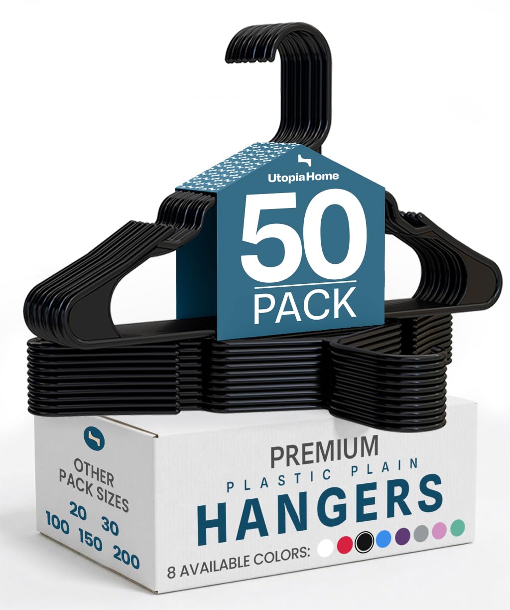 Utopia Home plastic hanger 50-pack boosts closet organization and outfit visibility.
