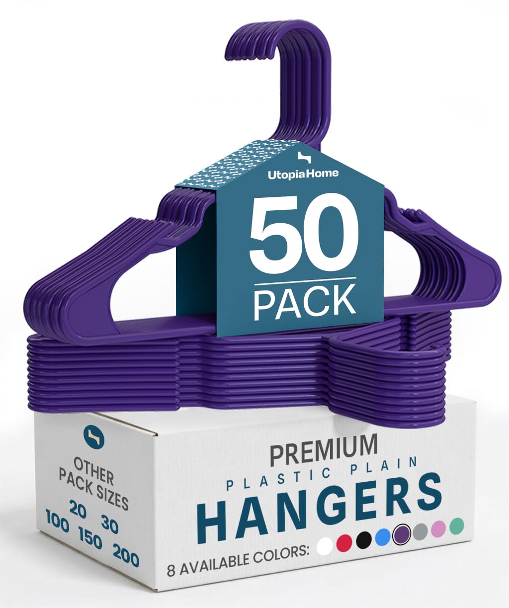 Utopia Home plastic hangers front view shows space-saving 50-pack design for tidy closets.