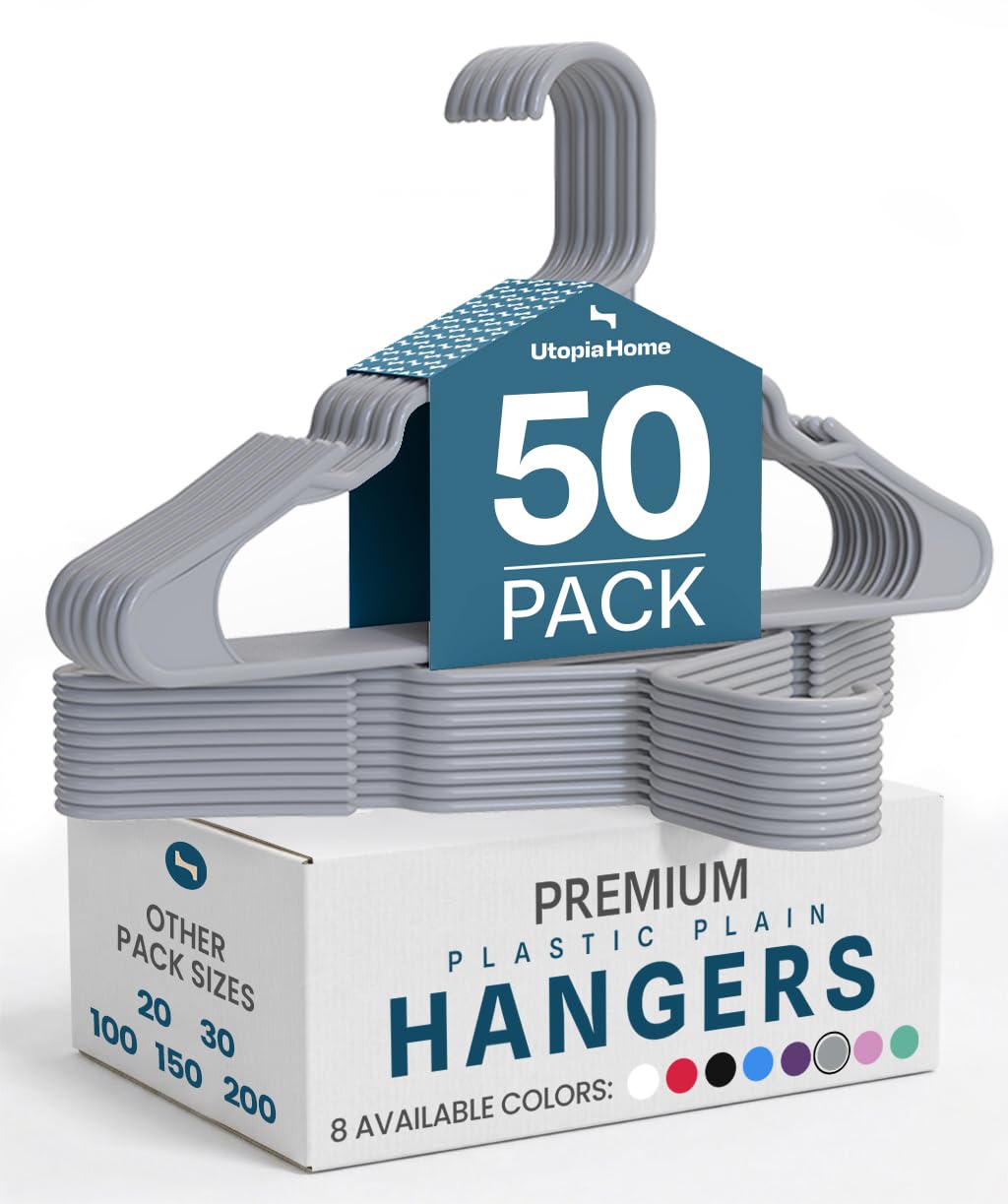 Utopia Home plastic hangers stacked to save closet space