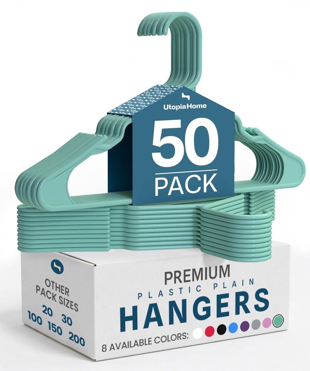 Utopia Home plastic hangers 50-pack with slim profile for organized closets.