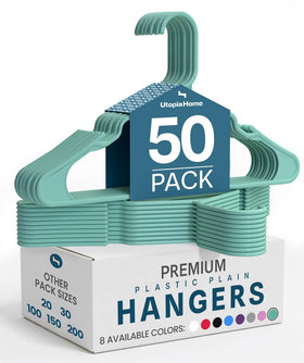 Utopia Home plastic hangers 50-pack with slim profile for organized closets.