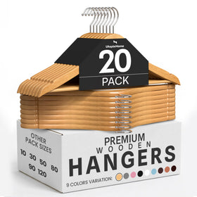 Utopia Home premium wood hanger pack highlights solid wood durability and uniform shape.