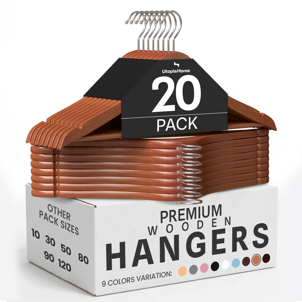 Utopia Home premium wooden hanger with 360° hook for easy closet access and organization.