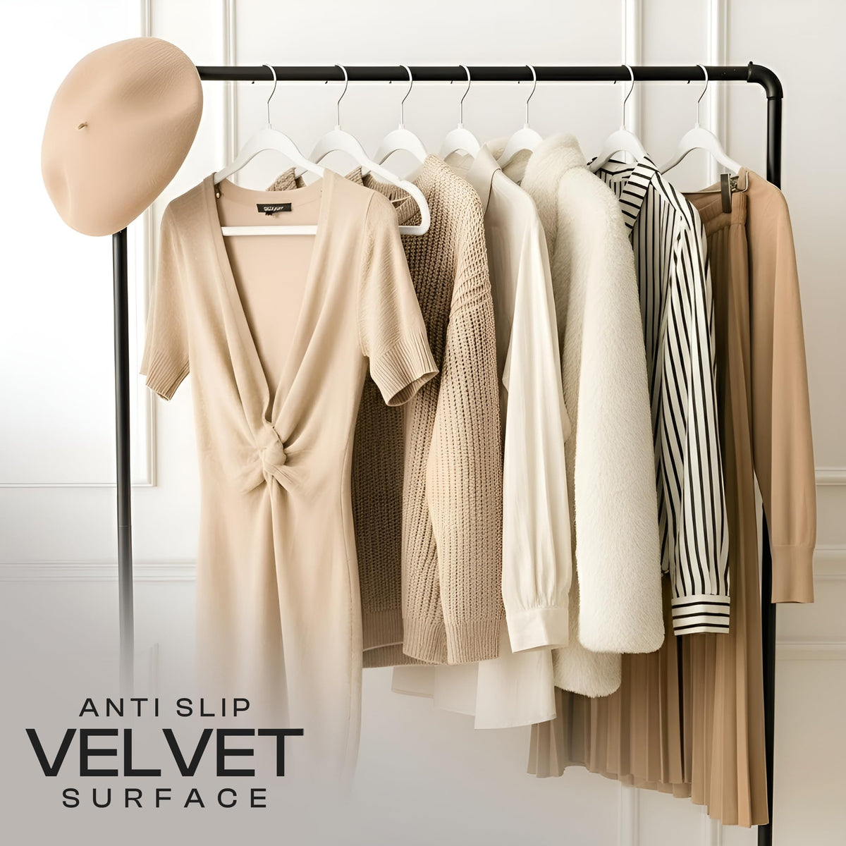 Utopia Home Velvet Hangers 360 swivel hook for easy access and quick outfit changes.