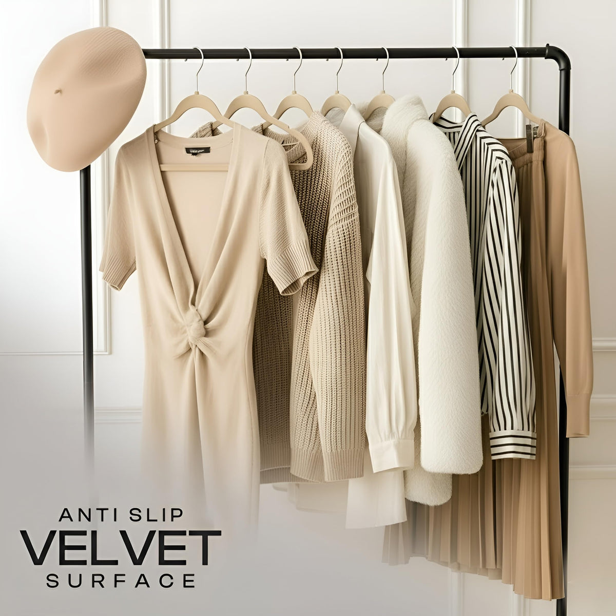Utopia Home velvet hangers chrome hook enhance wardrobe appeal and durability.