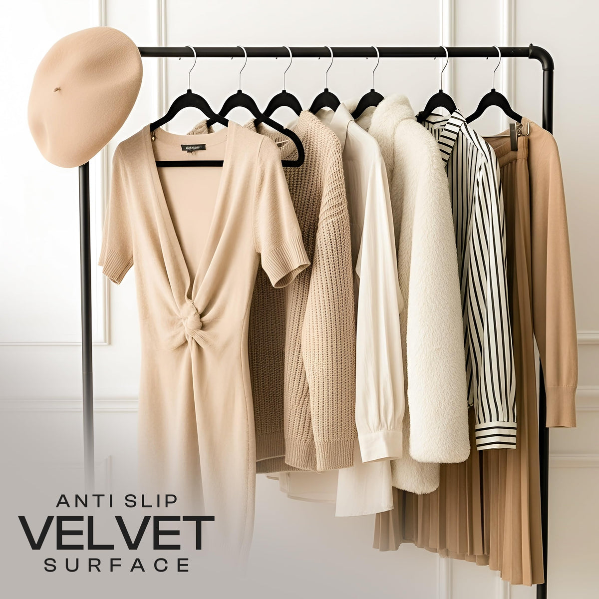 Black finish on Utopia Home hangers adds sleek, modern wardrobe appeal.