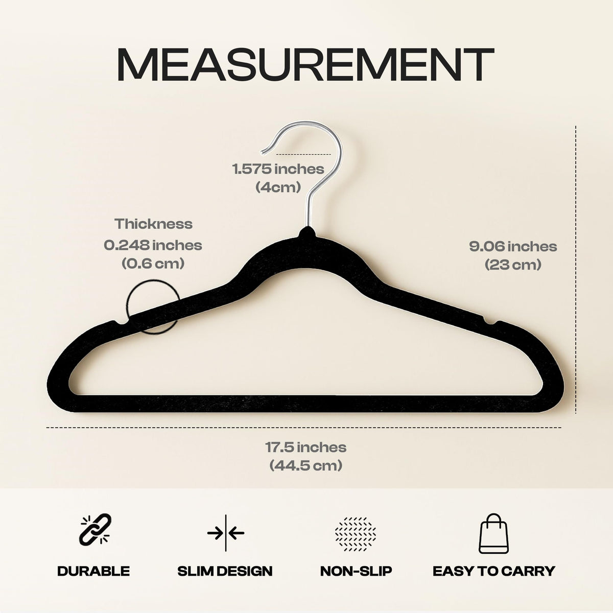 Utopia Home velvet hangers measure 17.5 inches to fit full outfits without crowding.