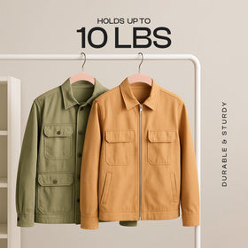 Slim profile of Utopia Home velvet hangers spaces out clothes in a cluttered closet