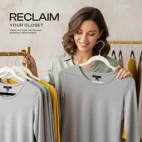 Utopia Home Velvet Hangers slim profile saves closet space while keeping outfits neatly organized.
