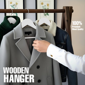 Utopia Home white wooden hangers brighten wardrobe display.