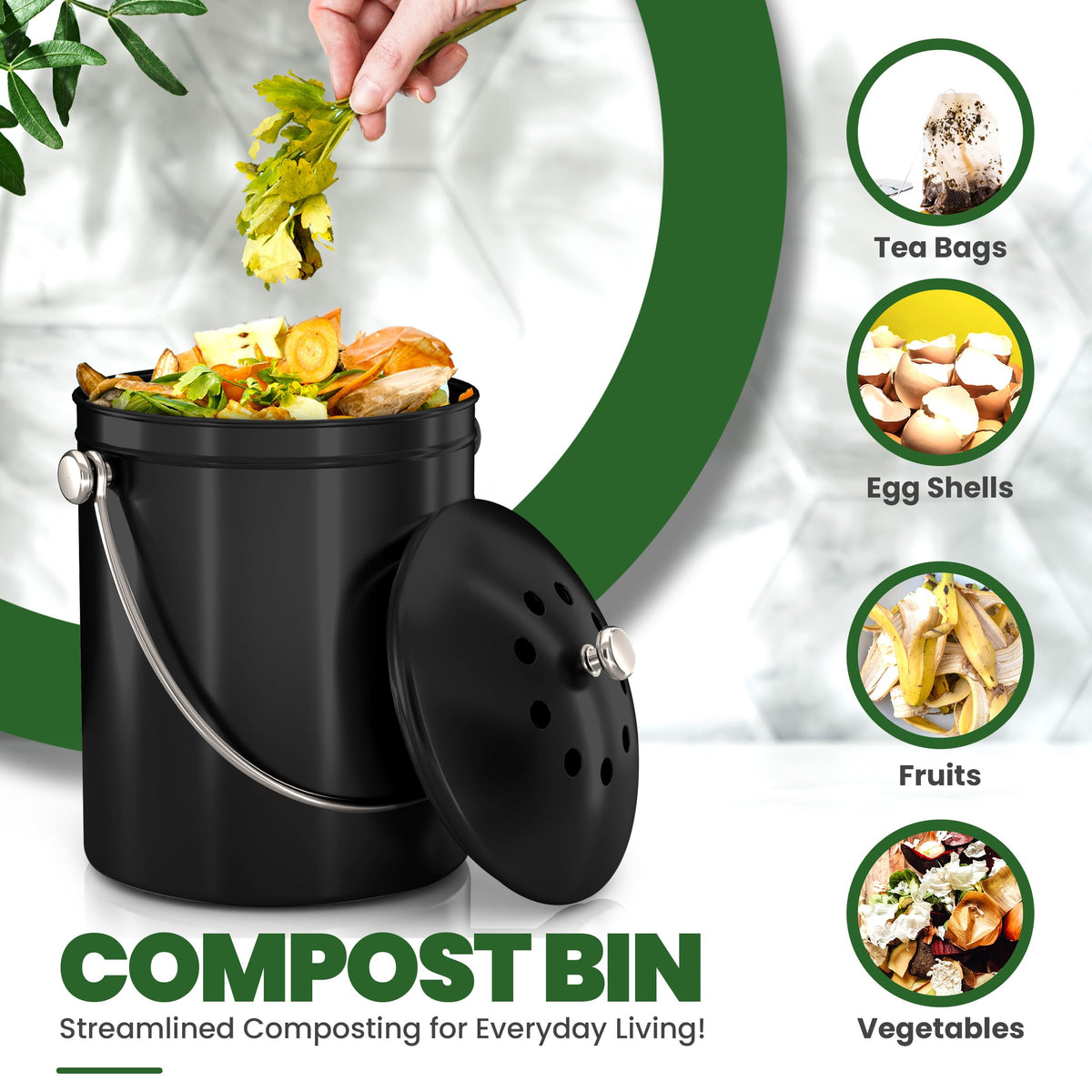 Utopia Kitchen bin includes charcoal filter for ongoing odor control during week-long scraps.