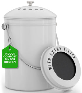 Utopia Kitchen compost bin on countertop with white lid for tidy scraps