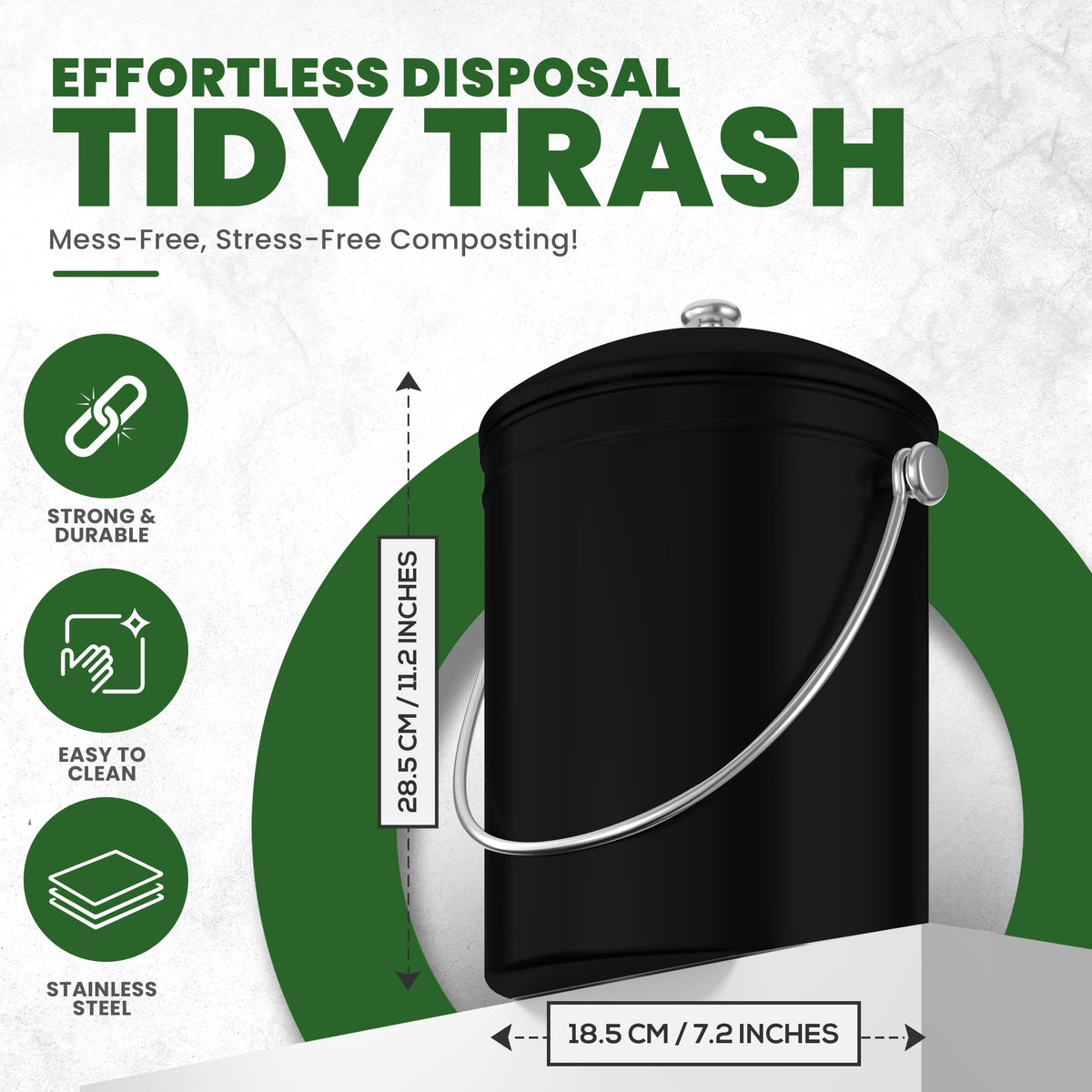 Utopia Kitchen stainless steel compost bin endures daily use without scratches or chips.