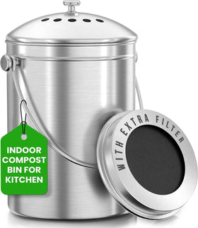 Utopia Kitchen countertop compost bin with lid on a kitchen counter, odor control ready.
