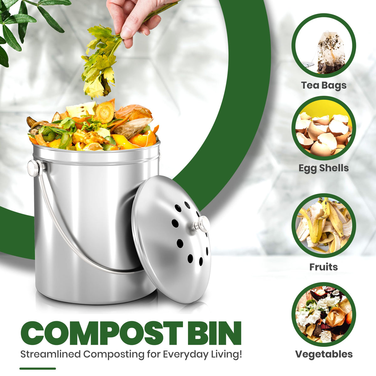 Utopia Kitchen stainless steel bin shown on counter; durable and scratch-resistant.