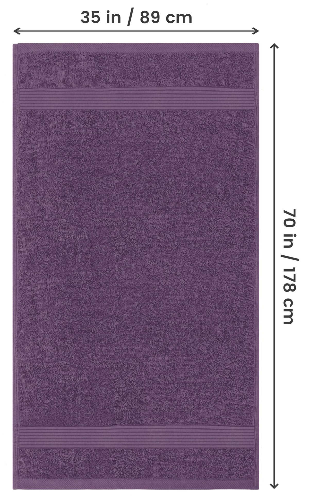 Utopia Towels 100 percent cotton label highlights durable fabric in plum.