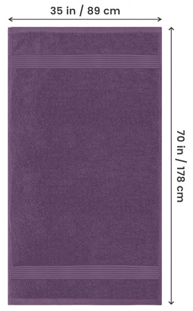 Utopia Towels 100 percent cotton label highlights durable fabric in plum.