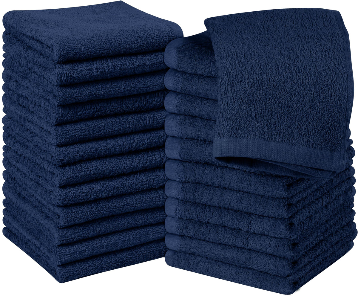 Utopia Towels 24-pack navy washcloths, premium cotton, ideal for daily use.