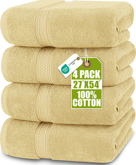 Utopia Towels 4 Pack beige flatlay shows premium bath towels for daily luxury.