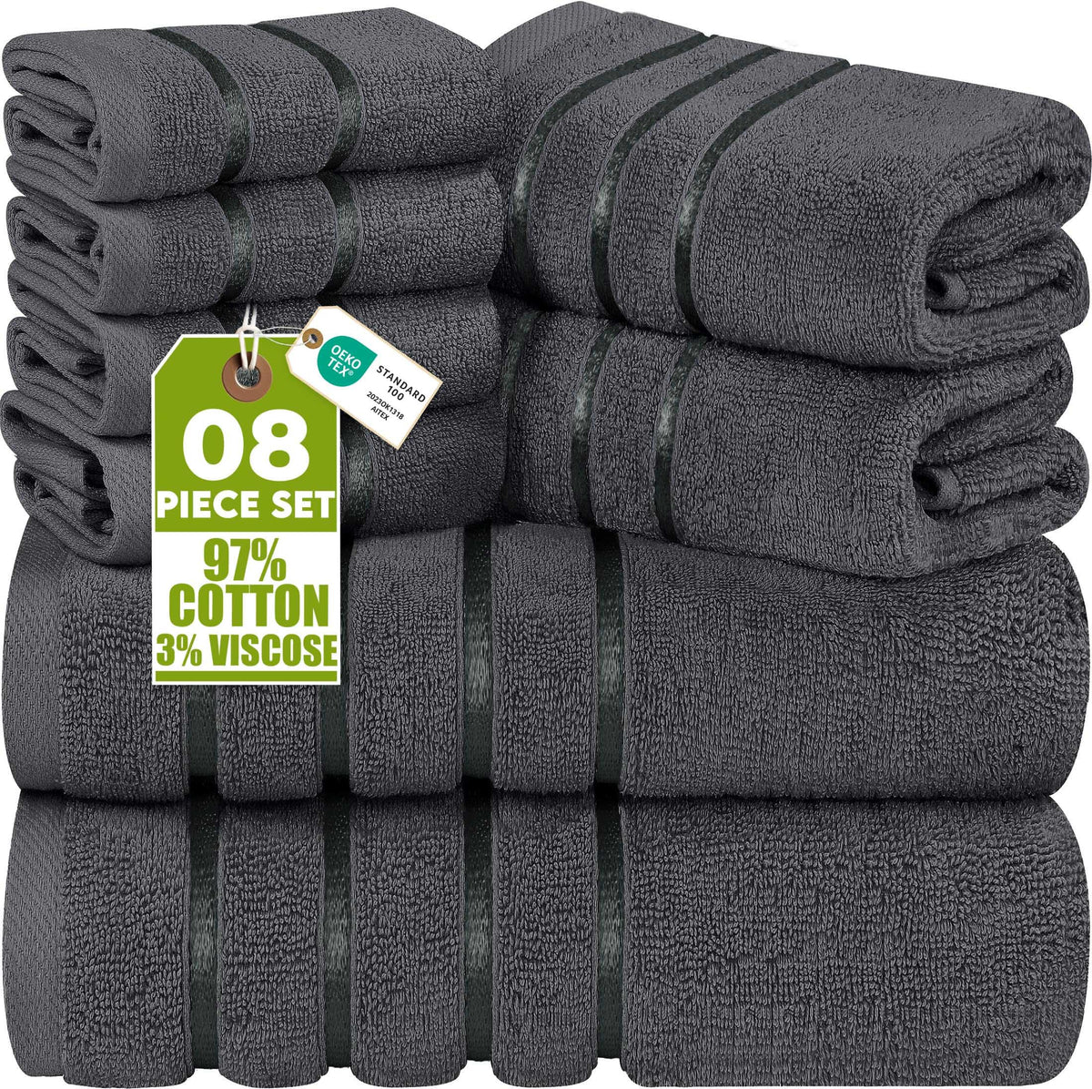 Utopia Towels 8-piece luxury set bath towels with soft, plush texture and grey color