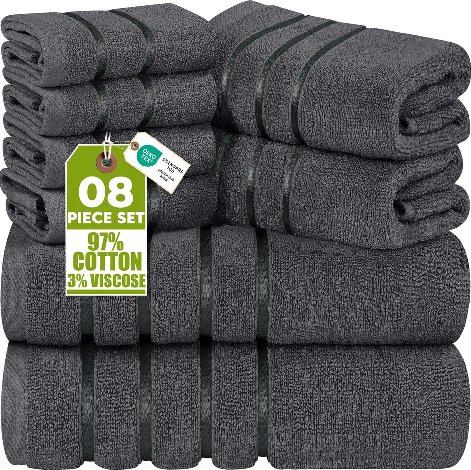 Utopia Towels 8-piece luxury set bath towels with soft, plush texture and grey color