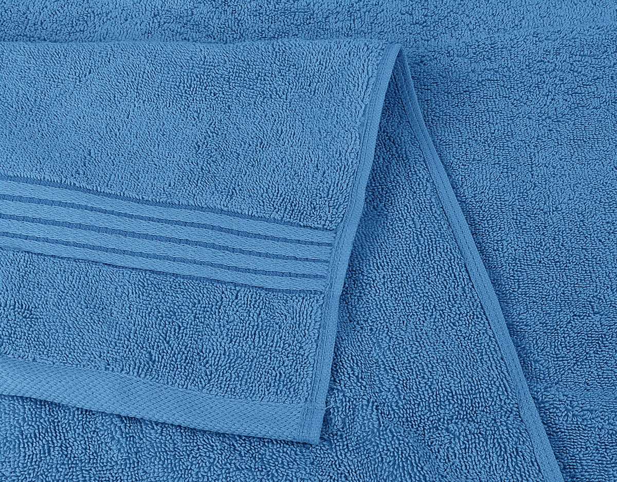 Utopia Towels bathroom setup in electric blue illustrating hotel-like home luxury.