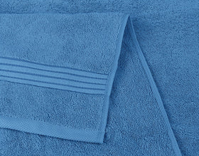 Utopia Towels bathroom setup in electric blue illustrating hotel-like home luxury.