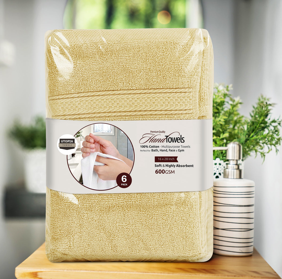 Utopia Towels beige bathroom decor coordinates with neutral home styling.