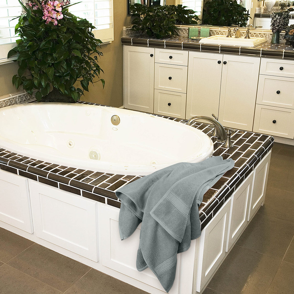 Utopia Towels cool grey color option showcased as versatile home decor.