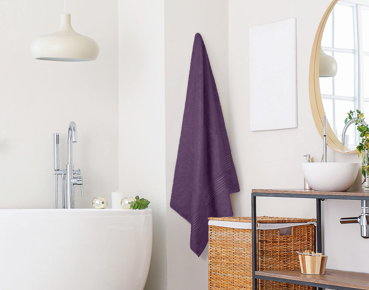 Utopia Towels durable stitching ensures long-lasting use in plum.