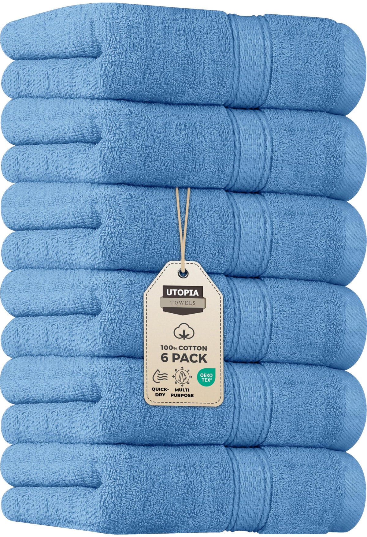 Utopia Towels electric blue 6-pack hand towels showcase vibrant color and plush softness.