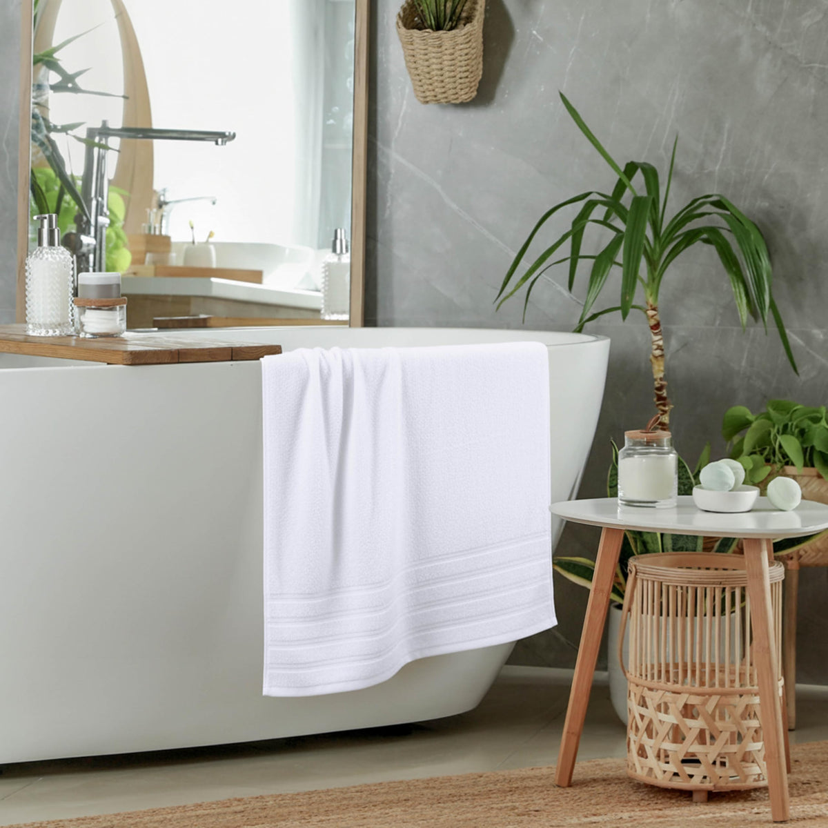 Utopia Towels folded towels display 30x60 size for full coverage.