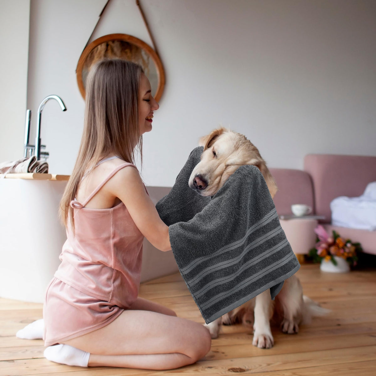 Utopia Towels folded-towel display suggests organized vanity and cozy routines.