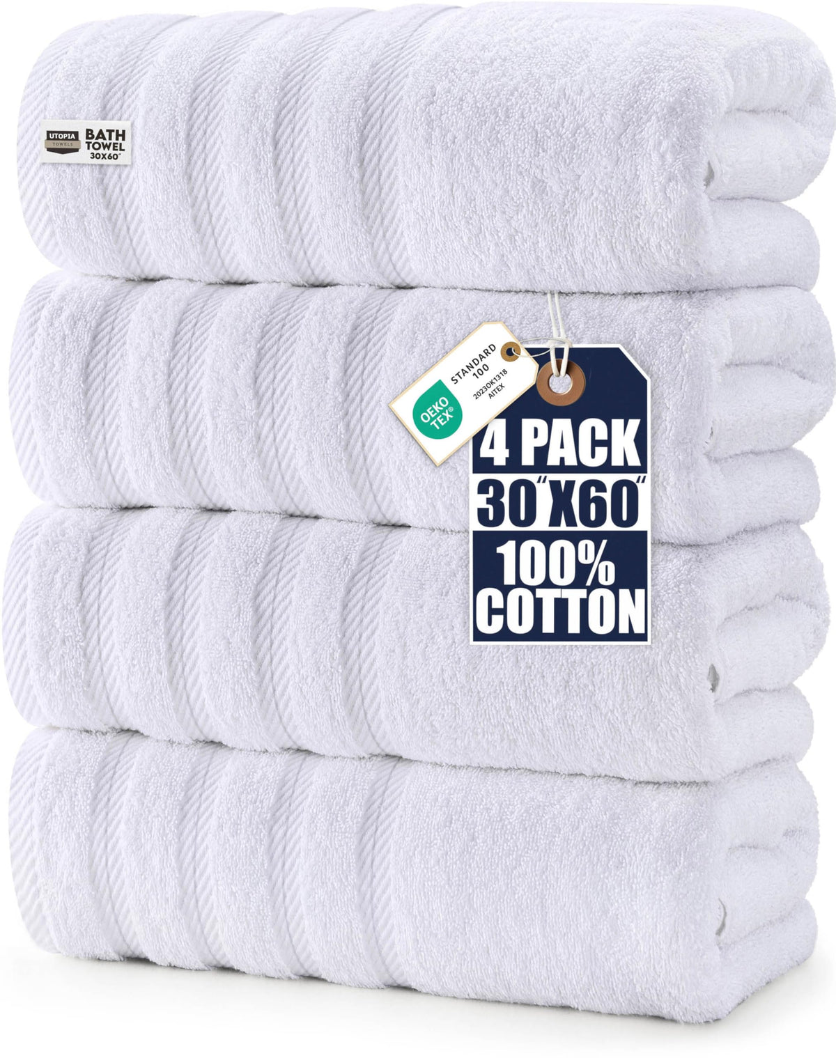 Utopia Towels four-pack bath towels on white background, ready for daily use.