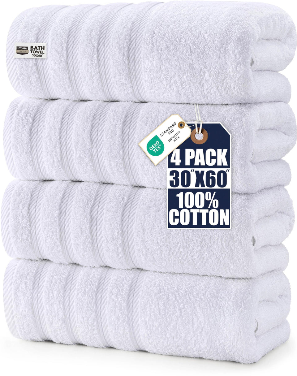 Utopia Towels four-pack bath towels on white background, ready for daily use.