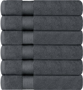 Utopia Towels grey colorway displayed in bathroom setting.