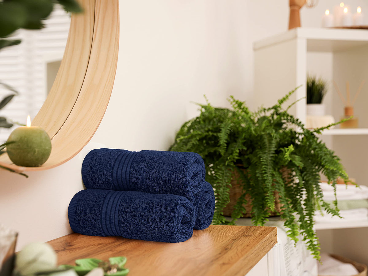 Utopia Towels navy packaging, ready-to-gift premium set.