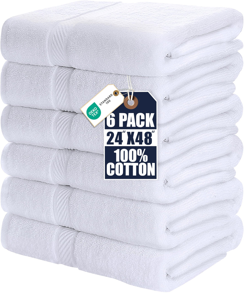 Utopia Towels six-pack bath towels in flatlay, showcasing size and pristine white color