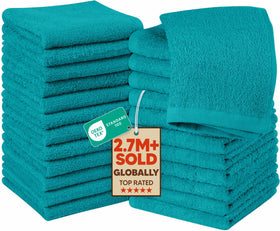 Utopia Towels 24-pack washcloths in turquoise, ideal for daily cleansing.