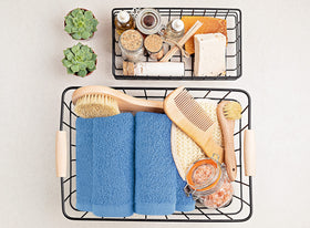 Utopia Towels electric blue washcloth adds vibrant bathroom color.