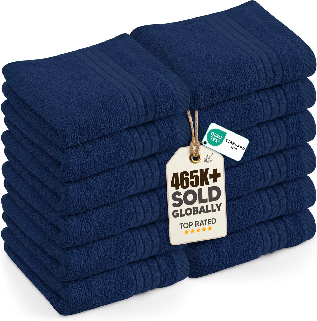 Utopia Towels navy washcloth flatlay highlights 12x12 inch size and plush absorbent cotton.