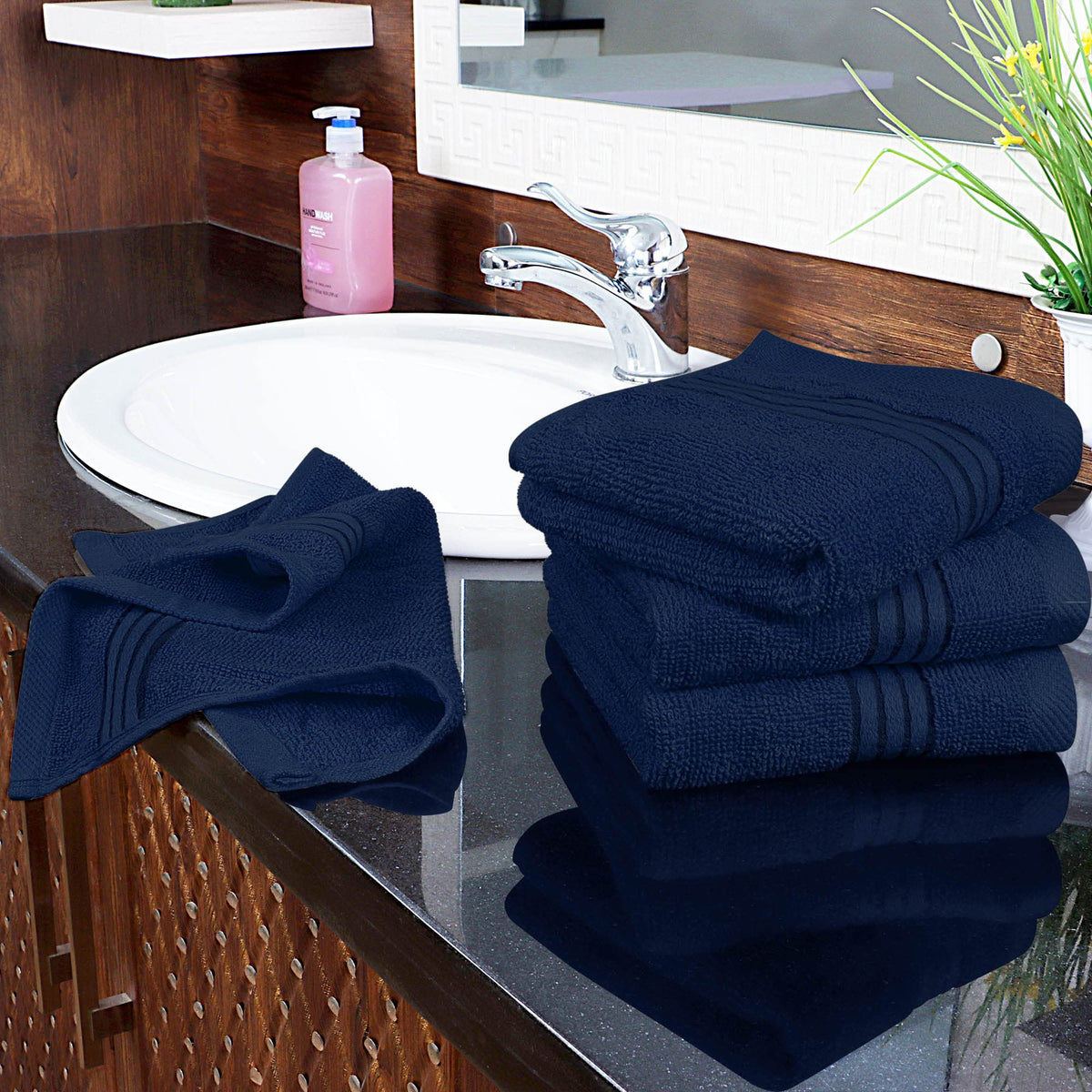Utopia Towels navy fabric maintains color and softness after repeated washing.