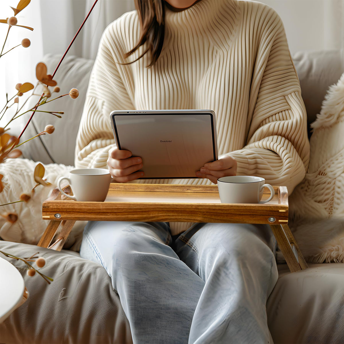 Utoplike Acacia Bed Tray built-in handles for easy carrying